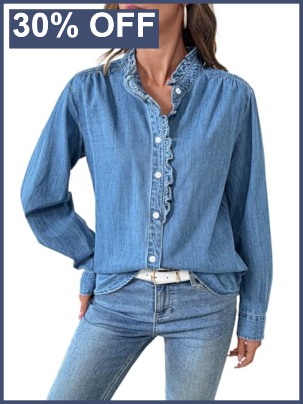 Womens Button Down Denim Shirt Ruffled Edge Long Sleeve V Neck Chambray